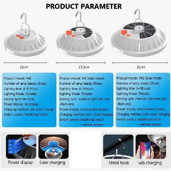 چراغ چادر شارژی 30LED مدل HS-V60